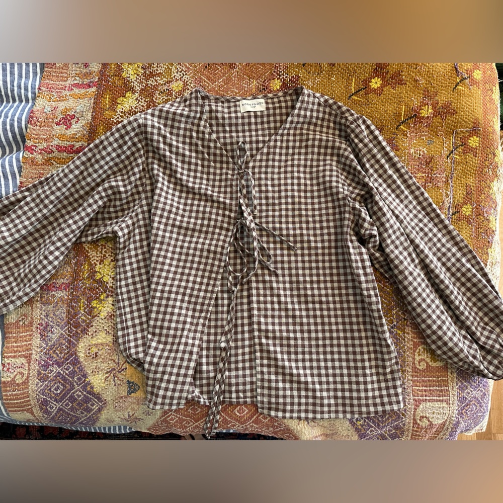 Honeydove Vintage Brown Checkered Tie-Front Top